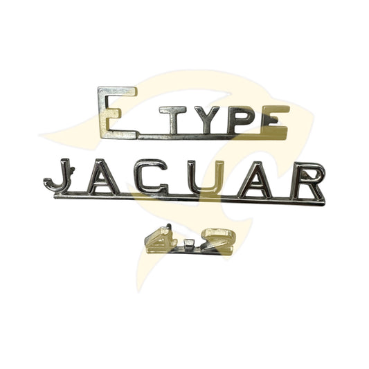 'E-Type Jaguar 4.2' Chrome Boot Badge Set - BD27666 / BD26762 / BD26766